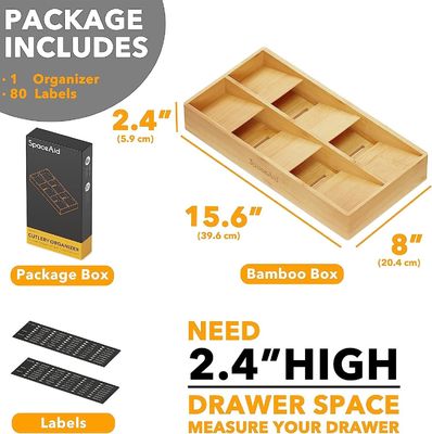 Organizer Silverware Drawer with Plain Wooden Box 6 Slots Bamboo Tray Holder in Natural