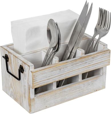 Non-folding Rack for Utensils and Napkins White Washed Solid Wood Black Metal Handles