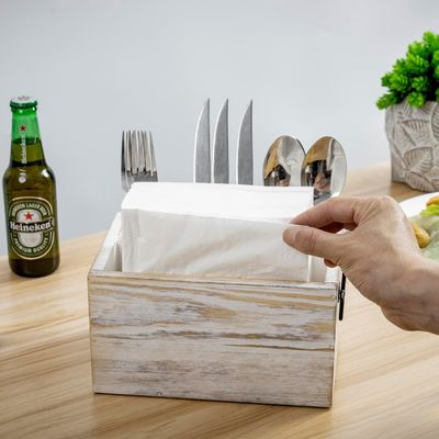 Non-folding Rack for Utensils and Napkins White Washed Solid Wood Black Metal Handles