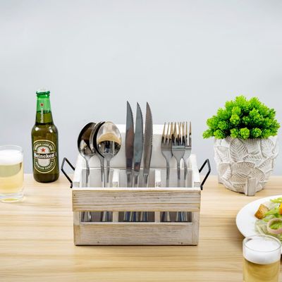 Non-folding Rack for Utensils and Napkins White Washed Solid Wood Black Metal Handles