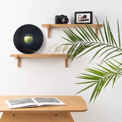 Double Tiers Wooden Office Decoration Floating Wall 2 Shelves Oak Minimalist Ledge Shelf for Home Save Space
