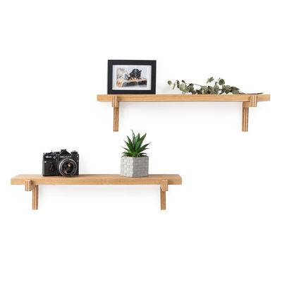 Double Tiers Wooden Office Decoration Floating Wall 2 Shelves Oak Minimalist Ledge Shelf for Home Save Space