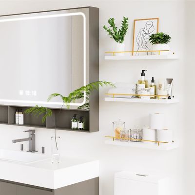 Bathroom Wall Shelves Set of 3 with Gold Metal Guardrail and BAMBOO Wood 41X13.5X2cm