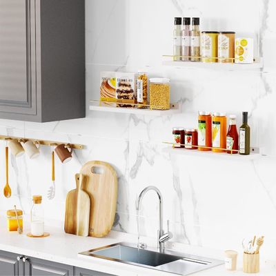 Bathroom Wall Shelves Set of 3 with Gold Metal Guardrail and BAMBOO Wood 41X13.5X2cm