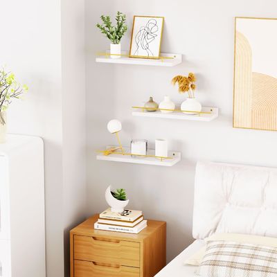 Bathroom Wall Shelves Set of 3 with Gold Metal Guardrail and BAMBOO Wood 41X13.5X2cm