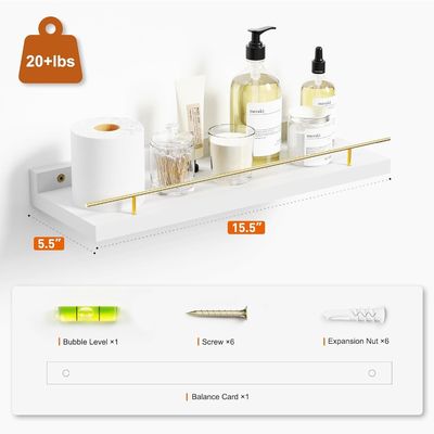 Bathroom Wall Shelves Set of 3 with Gold Metal Guardrail and BAMBOO Wood 41X13.5X2cm