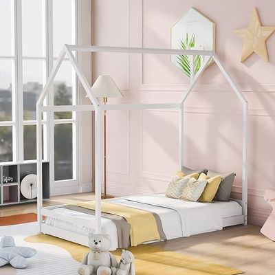 Children's Bedroom Furniture Twin Size Floor Bed with Wood House Design and Canopy Frame