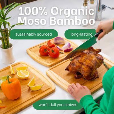 Organic Bamboo Cutting Board Set of 3 with Lifetime Replacements and Juice Groove