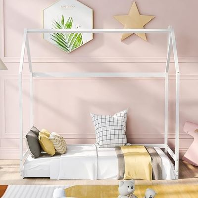 Children's Bedroom Furniture Twin Size Floor Bed with Wood House Design and Canopy Frame