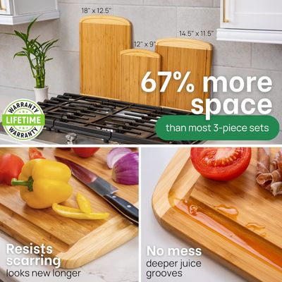 Organic Bamboo Cutting Board Set of 3 with Lifetime Replacements and Juice Groove