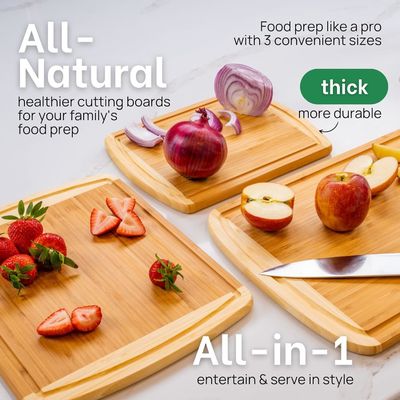 Organic Bamboo Cutting Board Set of 3 with Lifetime Replacements and Juice Groove