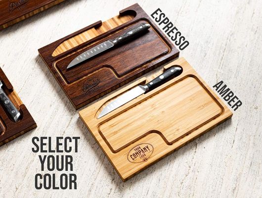 Wooden Cutting Board With Juice Groove and Knife Set in Plain Color for All-Season