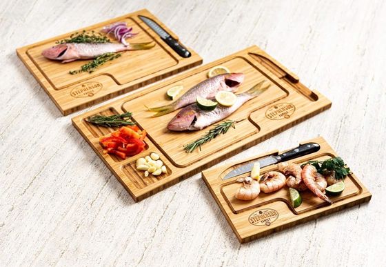Wooden Cutting Board With Juice Groove and Knife Set in Plain Color for All-Season
