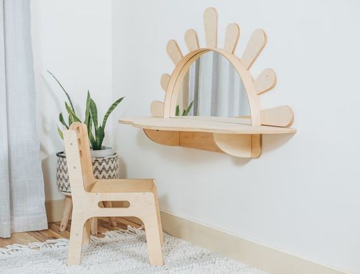 Living Room Wall-Mounted Activity Table with Chair Wood Style PANEL Toddler Furniture
