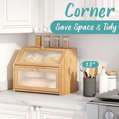 Acrylic Wavy Door Bread Storage Box Double Layer Bamboo Wood Design for Kitchen Counter