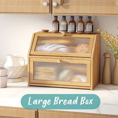 Acrylic Wavy Door Bread Storage Box Double Layer Bamboo Wood Design for Kitchen Counter