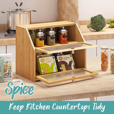 Acrylic Wavy Door Bread Storage Box Double Layer Bamboo Wood Design for Kitchen Counter