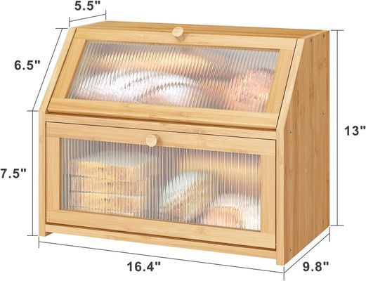 Acrylic Wavy Door Bread Storage Box Double Layer Bamboo Wood Design for Kitchen Counter
