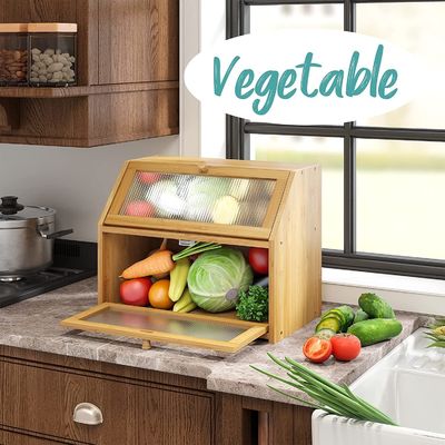 Acrylic Wavy Door Bread Storage Box Double Layer Bamboo Wood Design for Kitchen Counter