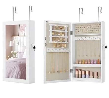 Custom Service White Jewelry Armoire Cabinet with 6 Drawers and Solid Wood Structure