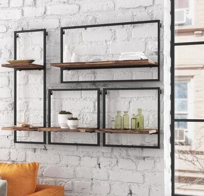 Custom Service Pine Wood Color Floating Hanging Wall Iron Shelves for Bedroom Display