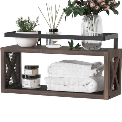 Save Space with Farmhouse Style Rustic Brown Floating Wood Shelves and Guardrail
