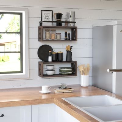 Save Space with Farmhouse Style Rustic Brown Floating Wood Shelves and Guardrail