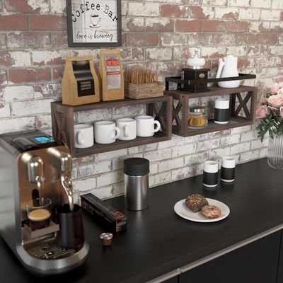 Save Space with Farmhouse Style Rustic Brown Floating Wood Shelves and Guardrail