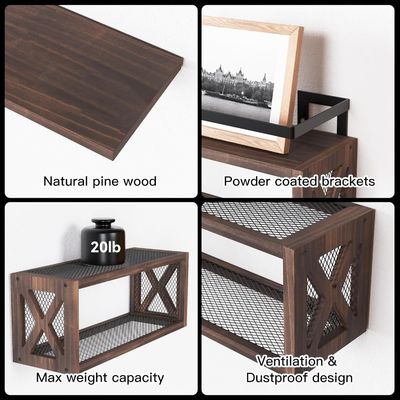 Save Space with Farmhouse Style Rustic Brown Floating Wood Shelves and Guardrail