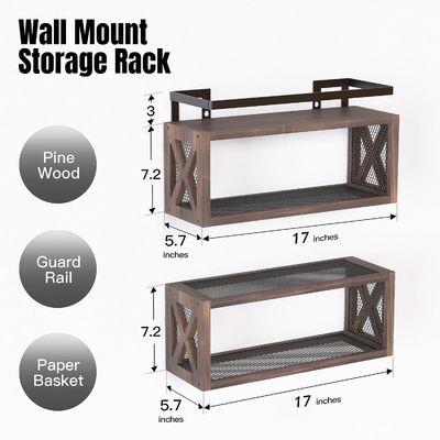 Save Space with Farmhouse Style Rustic Brown Floating Wood Shelves and Guardrail