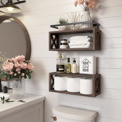 Save Space with Farmhouse Style Rustic Brown Floating Wood Shelves and Guardrail