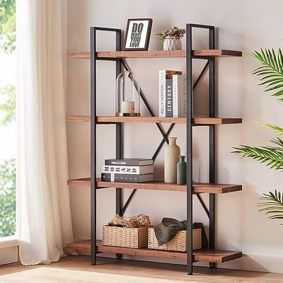 Rectangle 4 Tier Natural 4 Shelf Rustic Solid Real Wood Bookshelf Metal Bookcase Living Room Furniture