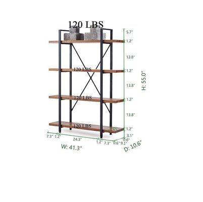 Rectangle 4 Tier Natural 4 Shelf Rustic Solid Real Wood Bookshelf Metal Bookcase Living Room Furniture