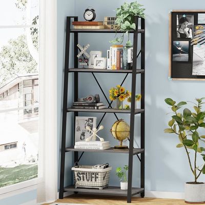 5-Tier Pine Wood Color Metal Ladder Bookshelf Modern Custom Antique Wooden Bookcases