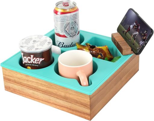 Customized Logo Soft Silicone Acacia Wooden Couch Caddy for Snacks Beverage Remote