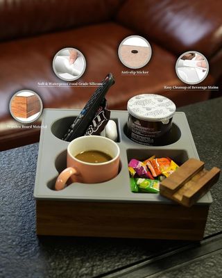 Customized Logo Soft Silicone Acacia Wooden Couch Caddy for Snacks Beverage Remote