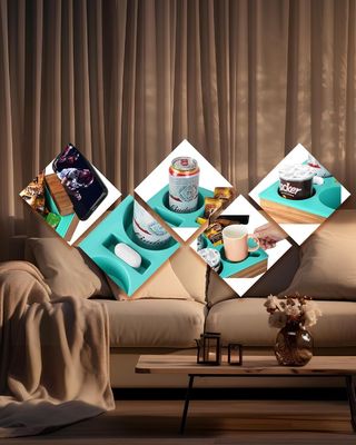Customized Logo Soft Silicone Acacia Wooden Couch Caddy for Snacks Beverage Remote