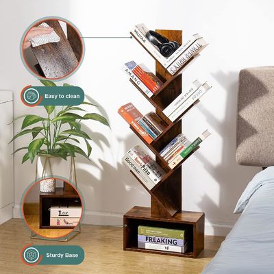 Handmade 6 Shelf Retro Floor Standing Bookcase Tall Wood Book Storage Rack Organizer Shelves