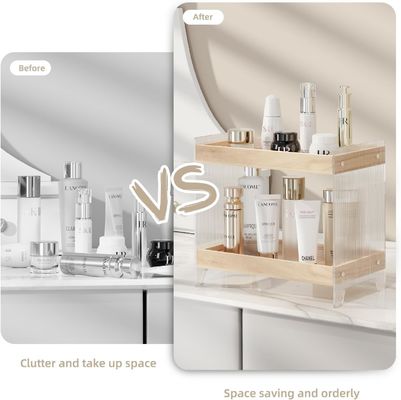 Non-folding Rack Makeup Perfume Organizer with Wooden Tray and Acrylic Cosmetics Shelf
