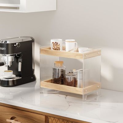 Non-folding Rack Makeup Perfume Organizer with Wooden Tray and Acrylic Cosmetics Shelf