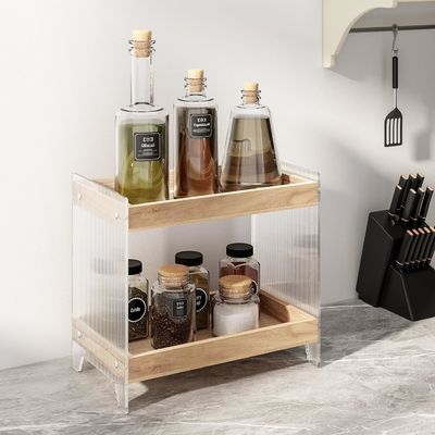 Non-folding Rack Makeup Perfume Organizer with Wooden Tray and Acrylic Cosmetics Shelf