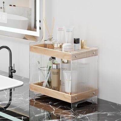 Non-folding Rack Makeup Perfume Organizer with Wooden Tray and Acrylic Cosmetics Shelf