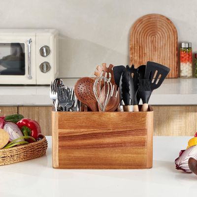 Countertop Large Acacia Wooden Utensil Holder for Kitchen Printing Handling laser engrave