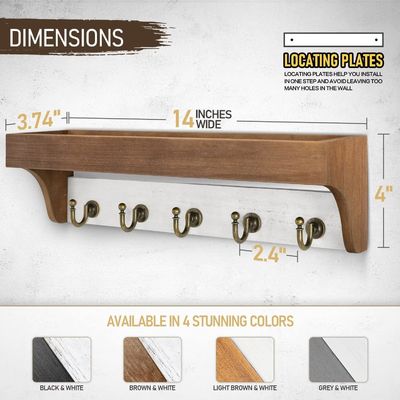 Wooden Base 2-Color Key Rack With 5 Retro Keys Hooks for Rustic Home Decor White Gray