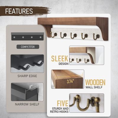 Wooden Base 2-Color Key Rack With 5 Retro Keys Hooks for Rustic Home Decor White Gray