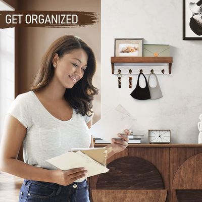 Wooden Base 2-Color Key Rack With 5 Retro Keys Hooks for Rustic Home Decor White Gray