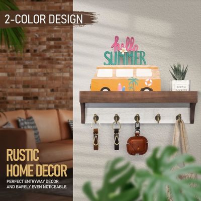 Wooden Base 2-Color Key Rack With 5 Retro Keys Hooks for Rustic Home Decor White Gray