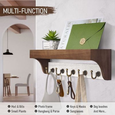 Wooden Base 2-Color Key Rack With 5 Retro Keys Hooks for Rustic Home Decor White Gray