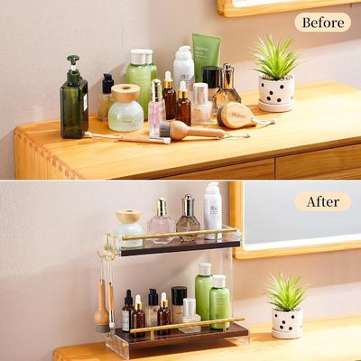 Wooden Bathroom Vanity Countertop Organizer for Cosmetics and Skincare 2 Tier Dresser