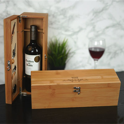 Industrial Toy Bamboo Single Wine Bottle Wood Storage Gift Case with 4 Essential Tools